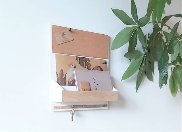 Oak Wall Organizer White Wooden Hanging Mail Holder With Cork Board - image 1
