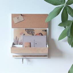Oak Wall Organizer White Wooden Hanging Mail Holder With Cork Board - thumbnail 3