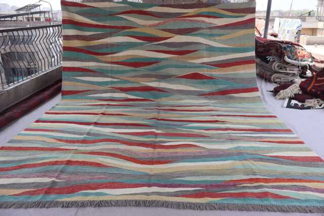 9x12 Handmade Modern Kilim Rug, Beige Gray Blue Red Hand Woven Afghan Tribal Striped Flatweave Boho Carpet, Living Room Rug - image 1