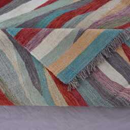 9x12 Handmade Modern Kilim Rug, Beige Gray Blue Red Hand Woven Afghan Tribal Striped Flatweave Boho Carpet, Living Room Rug - thumbnail 4