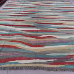 9x12 Handmade Modern Kilim Rug, Beige Gray Blue Red Hand Woven Afghan Tribal Striped Flatweave Boho Carpet, Living Room Rug - thumbnail 3
