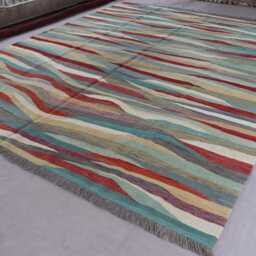 9x12 Handmade Modern Kilim Rug, Beige Gray Blue Red Hand Woven Afghan Tribal Striped Flatweave Boho Carpet, Living Room Rug - thumbnail 2