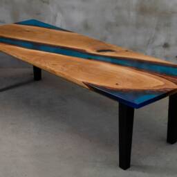 Custom Epoxy Resin Table Made Of Aok Wood, Wooden Dining With Blue Resin, Big Family Table, River Legs - thumbnail 2