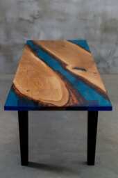 Custom Epoxy Resin Table Made Of Aok Wood, Wooden Dining With Blue Resin, Big Family Table, River Legs