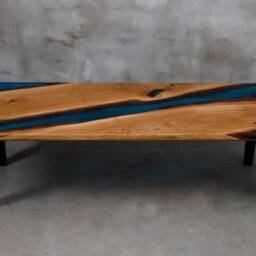 Custom Epoxy Resin Table Made Of Aok Wood, Wooden Dining With Blue Resin, Big Family Table, River Legs - thumbnail 3