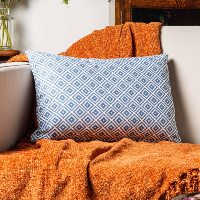 Scandi Geometric Ikat Boudoir Cushion in Denim Blue. Double Sided. Modern Printed Diamond Pattern Indigo Blue & White. 17x12 - image 1