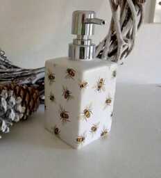 Little Bee Hand Decoupaged Ceramic Soap Dispenser. Available in Two Shapes