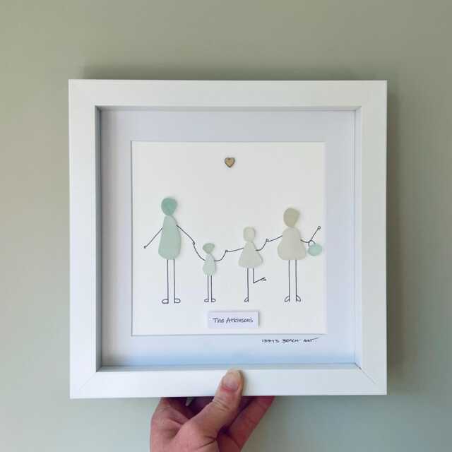 Cornish Sea Glass Family Wall Art Framed Personalised Pebble Picture Handmade in Cornwall - image 1