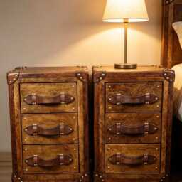 Oak Aged Bridle Leather Night Stands - Handmade in England Luxury Leather Accents Pair - thumbnail 3