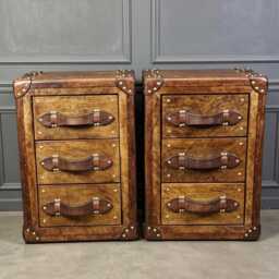 Oak Aged Bridle Leather Night Stands - Handmade in England Luxury Leather Accents Pair - thumbnail 2