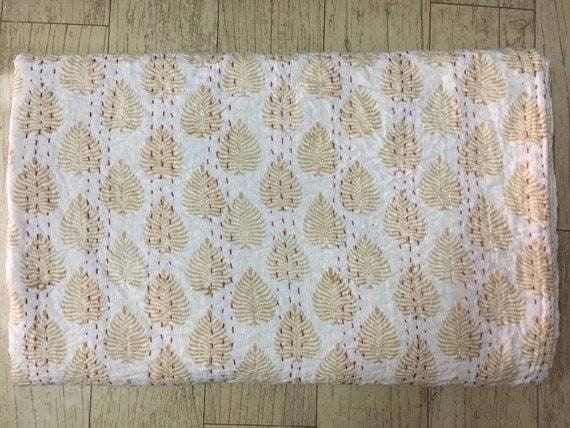Floral Print, Handmade Indian Kantha Quilt, Kantha Bedspread, Blanket Coverlet, Queen Size Quilt, Cotton Bohemian Kantha Block - image 1