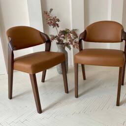 Contemporary Wooden Dining Room Chairs in Tan Leather Upholstery - Elegant & Extremely Comfortable For Long Sitting - thumbnail 2