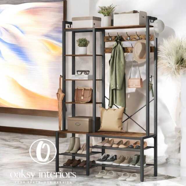 Rustic Hook Coat Rack With Shoe Bench & Storage Shelves - image 1