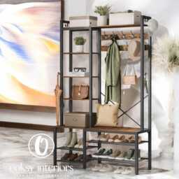 Rustic Hook Coat Rack With Shoe Bench & Storage Shelves - thumbnail 1