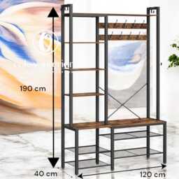 Rustic Hook Coat Rack With Shoe Bench & Storage Shelves - thumbnail 4