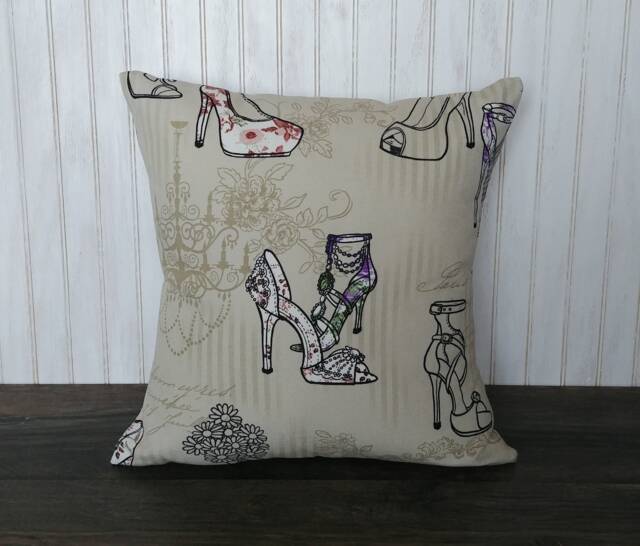 Shoe Theme Pillow Cover/Taupe With Purple Details Handmade Printed Shoes/Gift For Shoe Lover - image 1