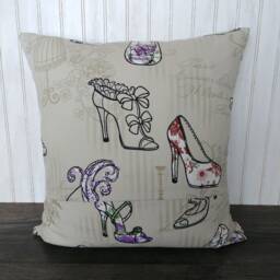 Shoe Theme Pillow Cover/Taupe With Purple Details Handmade Printed Shoes/Gift For Shoe Lover - thumbnail 4