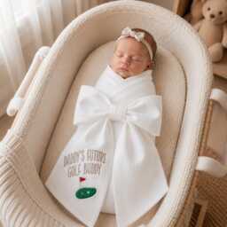 Golf Embroidered Newborn Bow Sash, Daddy's Future Golfing Buddy Baby Swaddle, Sash For Picture, Shower Gift - thumbnail 1