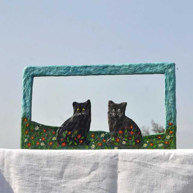 Kittens & Tiny Flowers Mirror, Decorative Wall Blue Black Cat Art, Decor For Walls, Lovers Gift, Furniture, Cats - image 1
