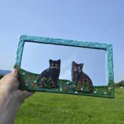 Kittens & Tiny Flowers Mirror, Decorative Wall Blue Black Cat Art, Decor For Walls, Lovers Gift, Furniture, Cats - thumbnail 2