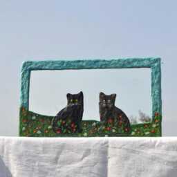 Kittens & Tiny Flowers Mirror, Decorative Wall Blue Black Cat Art, Decor For Walls, Lovers Gift, Furniture, Cats - thumbnail 1