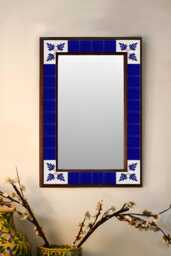 Hand Painted Ceramic Tile Mirror Blue & White Decorative Wall Accent