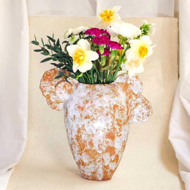 "Handcrafted Ceramic Vase in Brown, White, & Pink With Carnations ""Exquis" - image 1