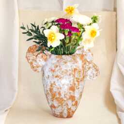 "Handcrafted Ceramic Vase in Brown, White, & Pink With Carnations ""Exquis" - thumbnail 1