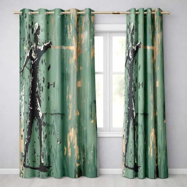 Green Urban Music Throwing Silhouette Graffiti Artistic Artwork For Bedroom Decor Readymade Eyelet Ring Top Thermal 100% Blackout Curtains - image 1
