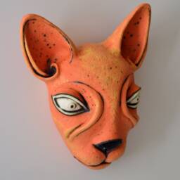 Orange Ceramic Cat Mask - Hand-Built Wall Sculpture Art - thumbnail 4