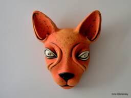 Orange Ceramic Cat Mask - Hand-Built Wall Sculpture Art - thumbnail 1