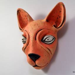 Orange Ceramic Cat Mask - Hand-Built Wall Sculpture Art - thumbnail 2