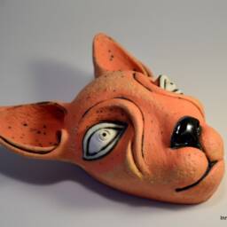 Orange Ceramic Cat Mask - Hand-Built Wall Sculpture Art - thumbnail 3