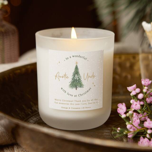 Personalised Christmas Candle Gift For Aunt & Uncle Snowy Tree Scented Soy Wax - image 1