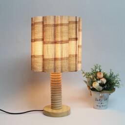 Handmade Khaki Checkered Fabric Table Lamp With Wooden Base-88# - thumbnail 1