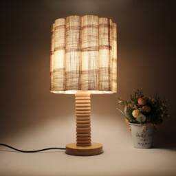 Handmade Khaki Checkered Fabric Table Lamp With Wooden Base-88# - thumbnail 4