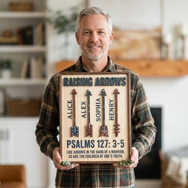 Personalized Raising Arrows Sign With Kids Name, Custom Christian Dad Arrow Plaque, Regilious Family Name Sign, Psalm 127 Scripture Wall Art - image 1
