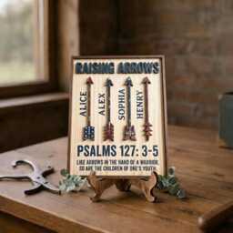 Personalized Raising Arrows Sign With Kids Name, Custom Christian Dad Arrow Plaque, Regilious Family Name Sign, Psalm 127 Scripture Wall Art - thumbnail 4