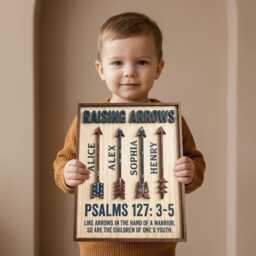 Personalized Raising Arrows Sign With Kids Name, Custom Christian Dad Arrow Plaque, Regilious Family Name Sign, Psalm 127 Scripture Wall Art - thumbnail 2