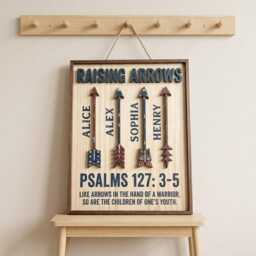 Personalized Raising Arrows Sign With Kids Name, Custom Christian Dad Arrow Plaque, Regilious Family Name Sign, Psalm 127 Scripture Wall Art - thumbnail 3
