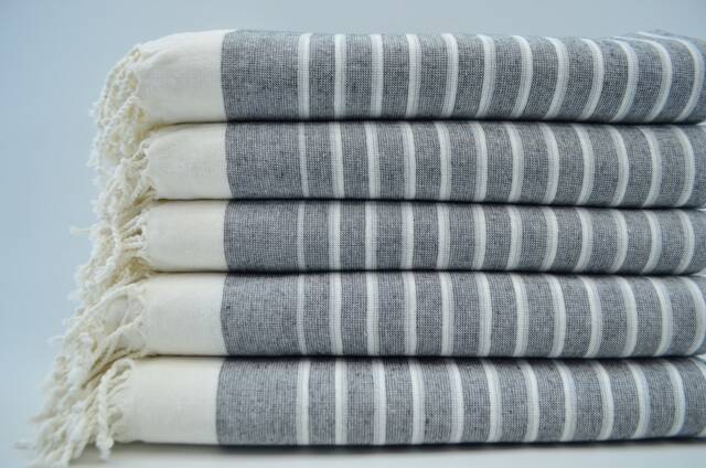 "Black & Cream Striped Towel, Soft Terry Peshtemal, Beach Towel, 40""x65" - image 1