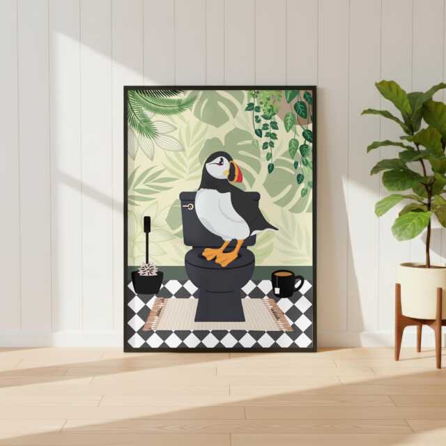 Puffin On The Toilet in A Green Print. Funny Animal Bathroom Prints - image 1