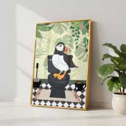 Puffin On The Toilet in A Green Print. Funny Animal Bathroom Prints - thumbnail 2