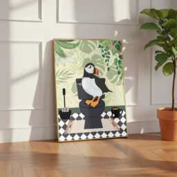 Puffin On The Toilet in A Green Print. Funny Animal Bathroom Prints - thumbnail 3