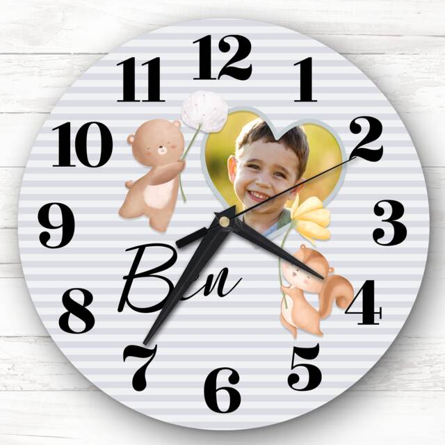 Blue Photo Frame Woodland Animal Personalised Gift Clock - image 1