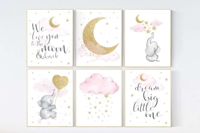 Pink & Gold Nursery Wall Art Moon, Stars, Elephant Print - image 1