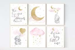 Pink & Gold Nursery Wall Art Moon, Stars, Elephant Print - thumbnail 1