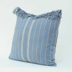 Handwoven Hill Tribe Cotton Pillow Cover, 20x20 Blue Striped Cushion - thumbnail 3