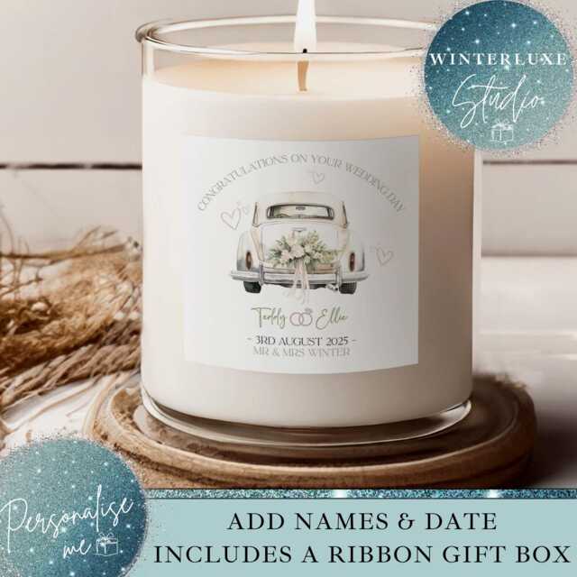 Personalised Wedding Candle Gift, Just Married, Car, Newlyweds, Congratulations On Your Day, Bride & Groom Gift, Mr Mrs - image 1
