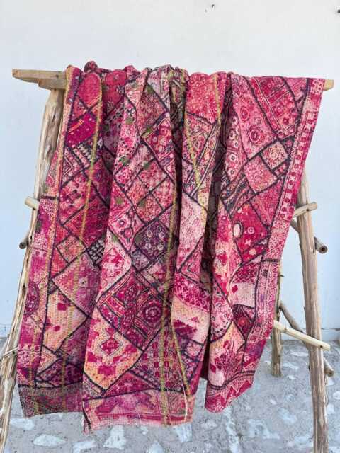 Vintage Style Reversible Cotton Kantha Quilt - Hand Stitched Decorative Bedspread With Artisan Craftsmanship - image 1